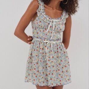 For Love & Lemons Strawberry Kiss Ruffled Floral Cotton Mini Dress, NWT, Size L
